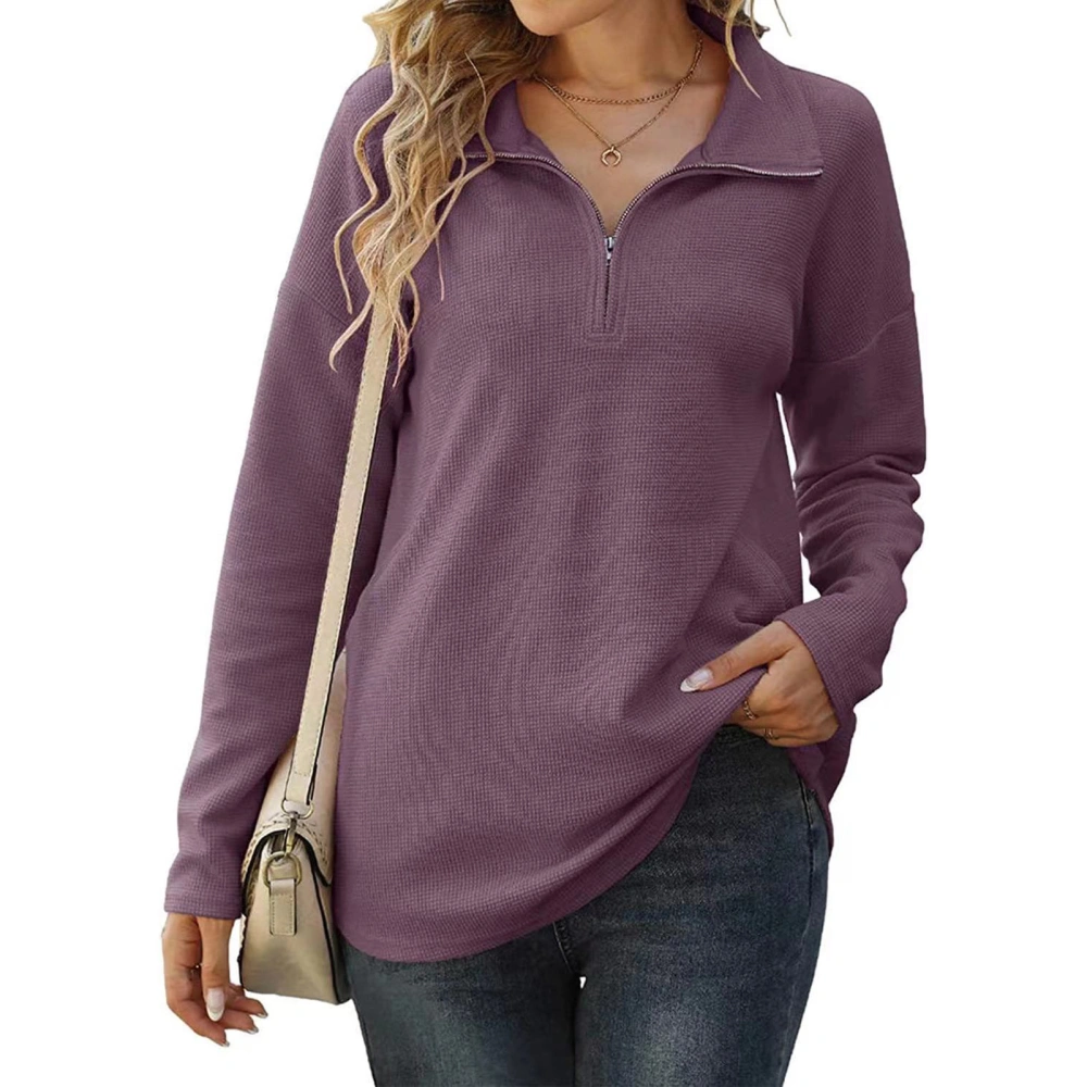 Women Long Sleeves Knit Top Turn Down Collar Zipper V Neck Loose Type Casual T Shirt Purple XL