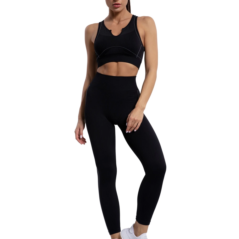 Workout Outfit for Women 2 Piece Seamless Sport Bra High Waist Yoga Leggings Set for Running Black M