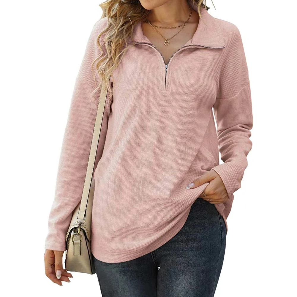 Women Long Sleeves Knit Top Turn Down Collar Zipper V Neck Loose Type Casual T Shirt Pink S