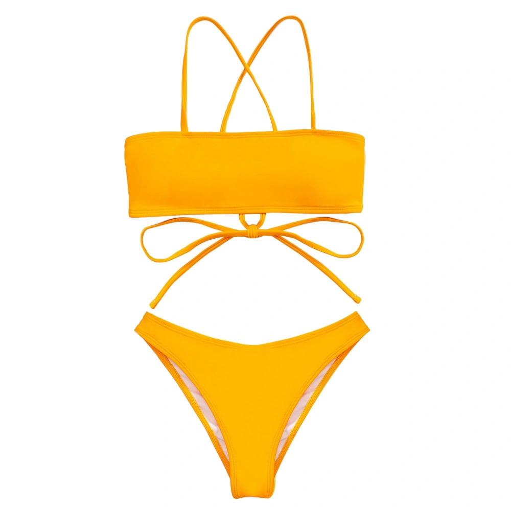 Women Two Piece Bikini Pure Color Backless Breathable High Cut Tie Back Bathing Swimwear Apricot Yellow L