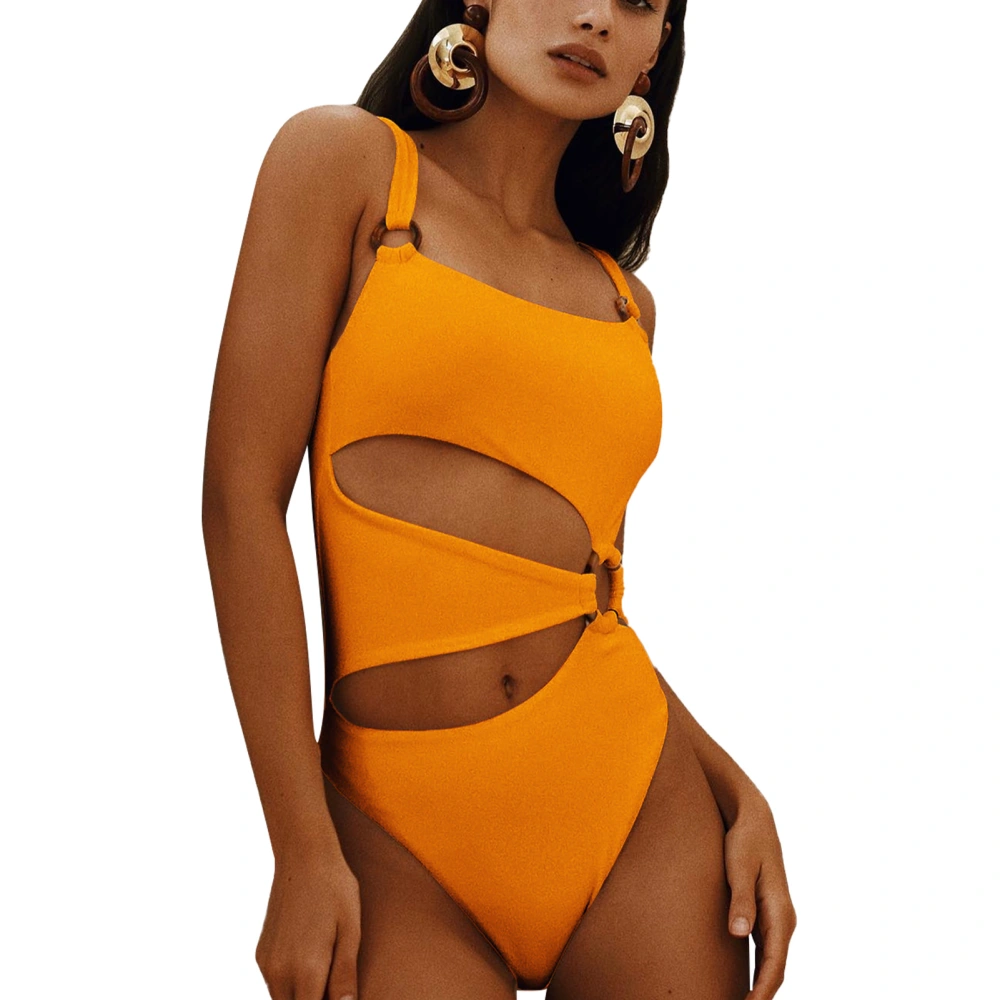 Women 1 Piece Swimsuit Square Neck Thin Strap Cut Out Hollow High Waist Briefs Removable Bra Pad Elastic Bathing Suit Yellow L