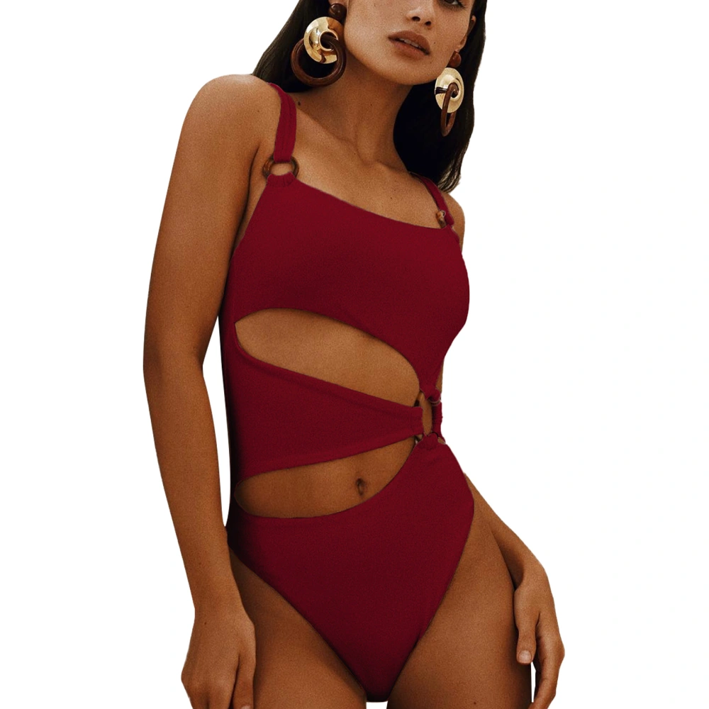 Women 1 Piece Swimsuit Square Neck Thin Strap Cut Out Hollow High Waist Briefs Removable Bra Pad Elastic Bathing Suit Red M