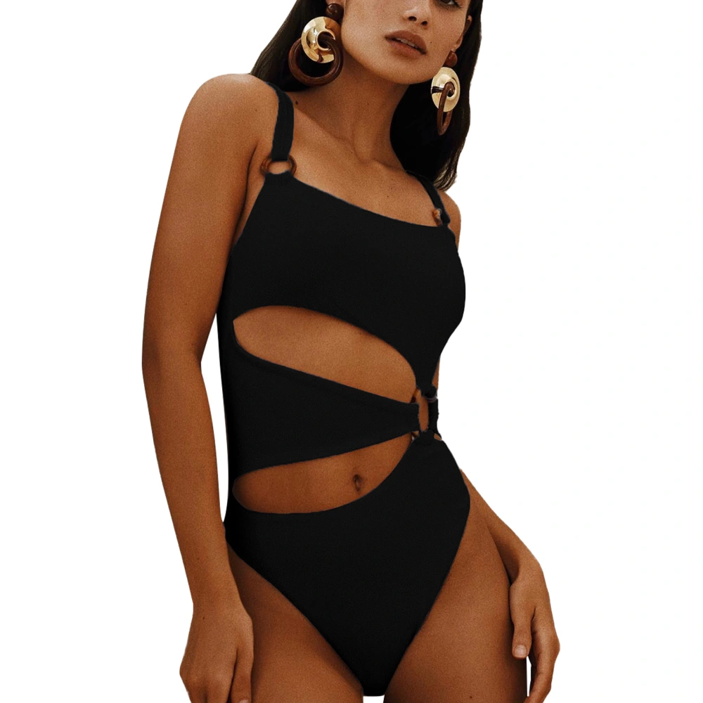 Women 1 Piece Swimsuit Square Neck Thin Strap Cut Out Hollow High Waist Briefs Removable Bra Pad Elastic Bathing Suit Black M