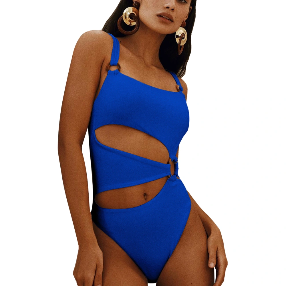 Women 1 Piece Swimsuit Square Neck Thin Strap Cut Out Hollow High Waist Briefs Removable Bra Pad Elastic Bathing Suit Royalblue S