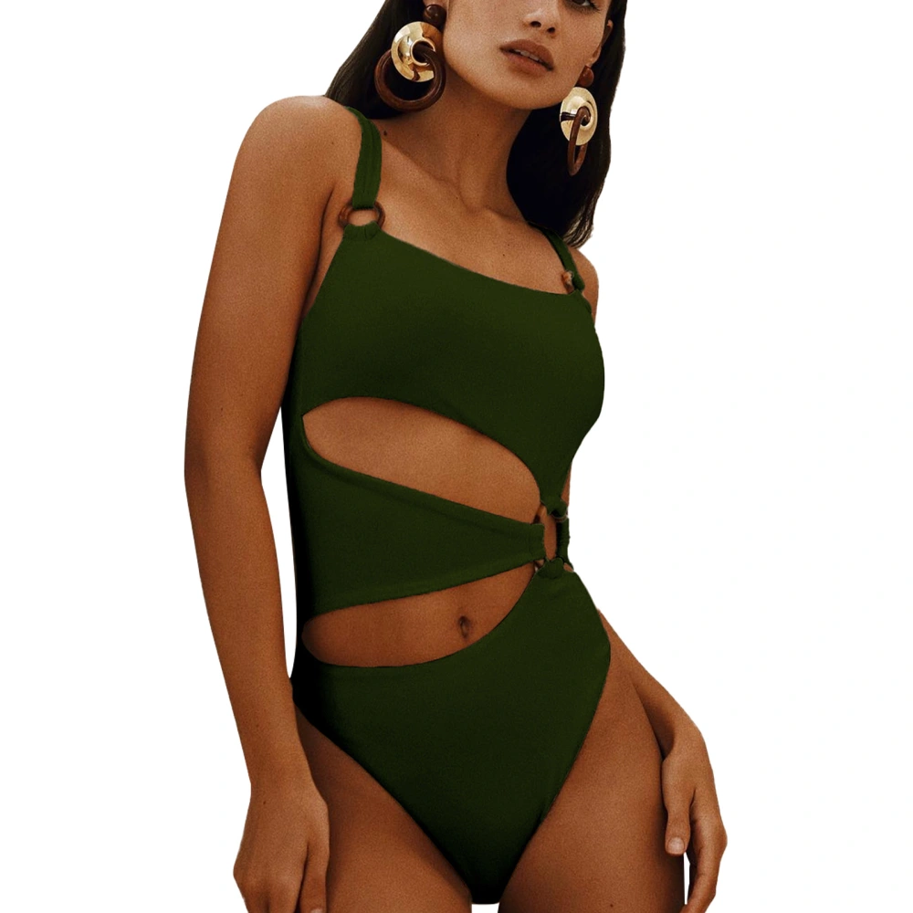 Women 1 Piece Swimsuit Square Neck Thin Strap Cut Out Hollow High Waist Briefs Removable Bra Pad Elastic Bathing Suit OD Green L