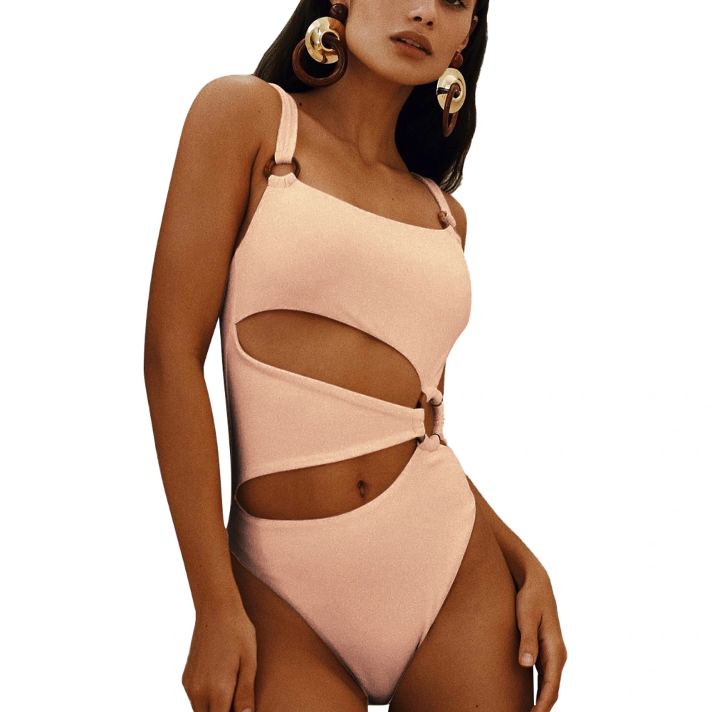 Women 1 Piece Swimsuit Square Neck Thin Strap Cut Out Hollow High Waist Briefs Removable Bra Pad Elastic Bathing Suit Peachy Beige M