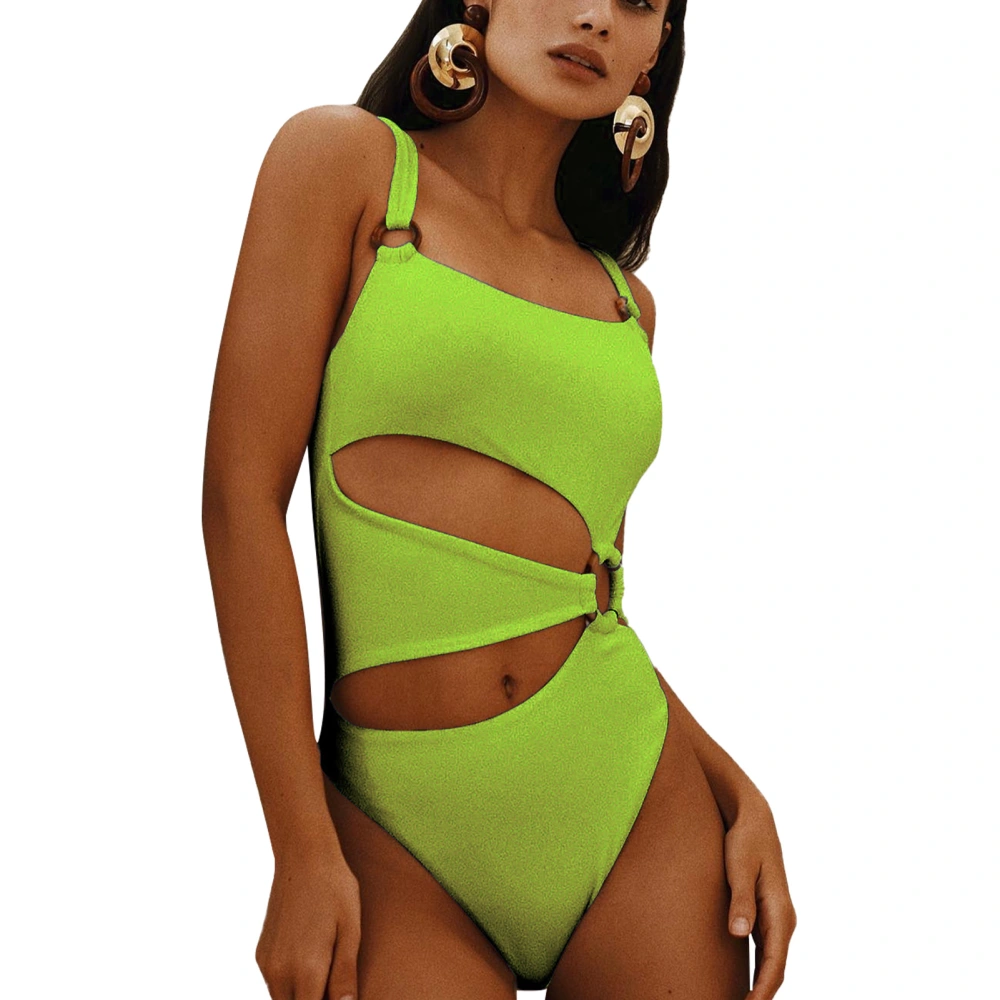 Women 1 Piece Swimsuit Square Neck Thin Strap Cut Out Hollow High Waist Briefs Removable Bra Pad Elastic Bathing Suit Fluorescent Green S