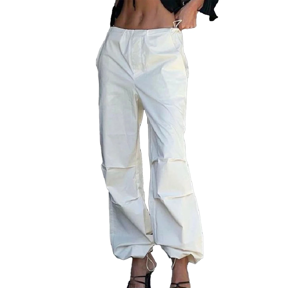 Women Cargo Pants Elastic Cinched Cuff with Side Pockets Full Length Retro Casual Ruched Hiking Pants White S