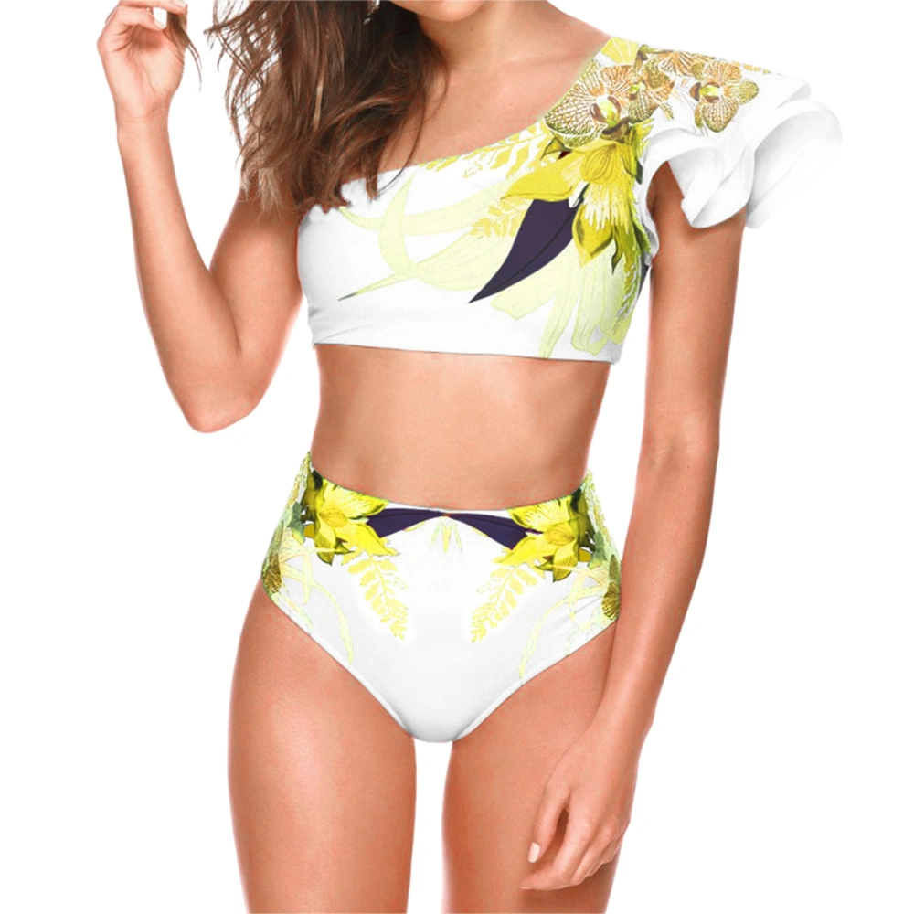 Two Piece Swimsuit High Waist Printing Pattern Breathable Women Swimsuit for Beaches Surfing Swimming Pools Yellow M