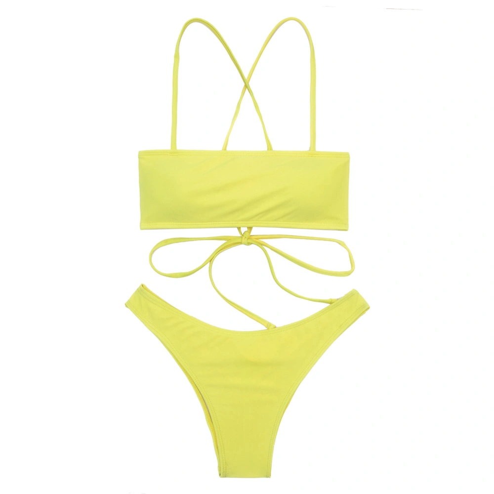 Women Two Piece Bikini Pure Color Backless Breathable High Cut Tie Back Bathing Swimwear Yellow M