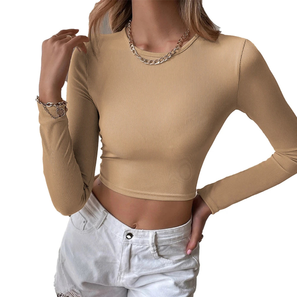 Women Tee Crew Neck Open Back Long Sleeve Slim Fit Shirt Pure Color for Home Party Khaki S