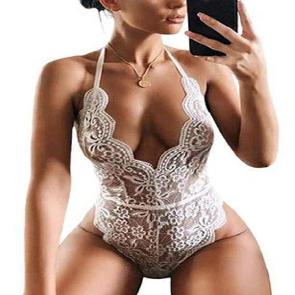 Women One Piece Lingerie Deep V Neck Backless See Through Strap Adjust Lace Nightwear White XL