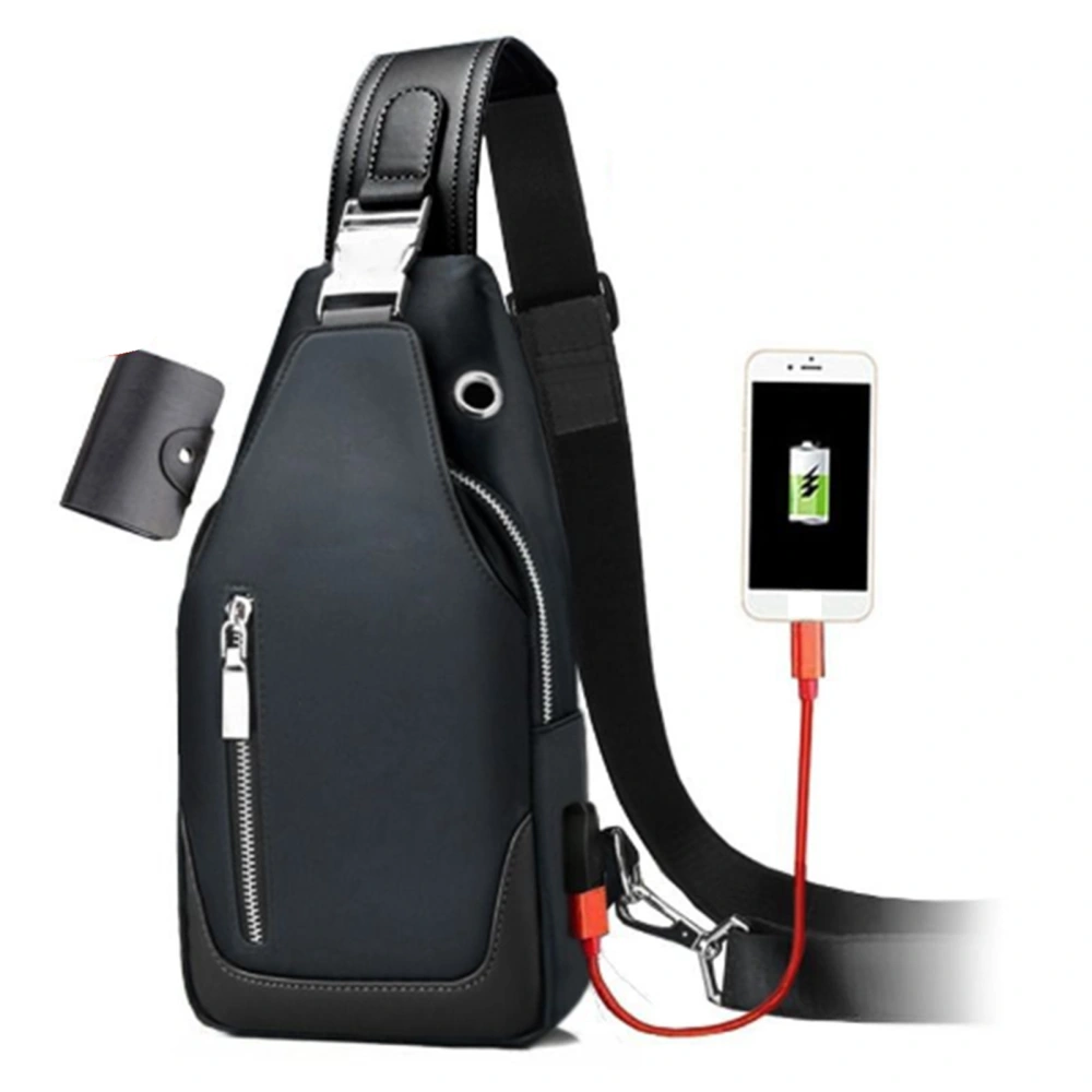 Chest Bag with USB Charging Hole Large Capacity Professional Men Shoulder Bag for Travel Black with Card Bag S