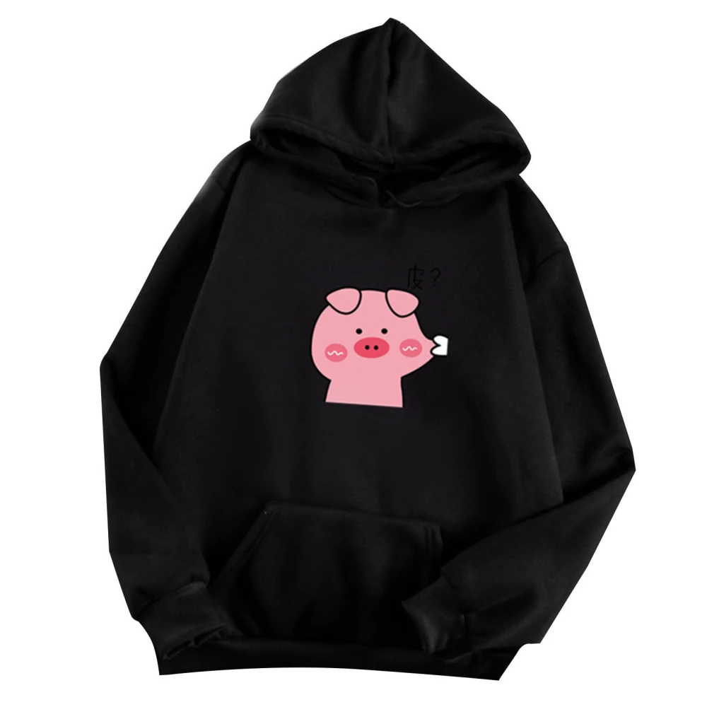 Casual Hoodie Sweatshirt Autumn Winter Stylish Cute Pig Printed Pocket Men Women Long Sleeve Drawstring Pullover Black XL