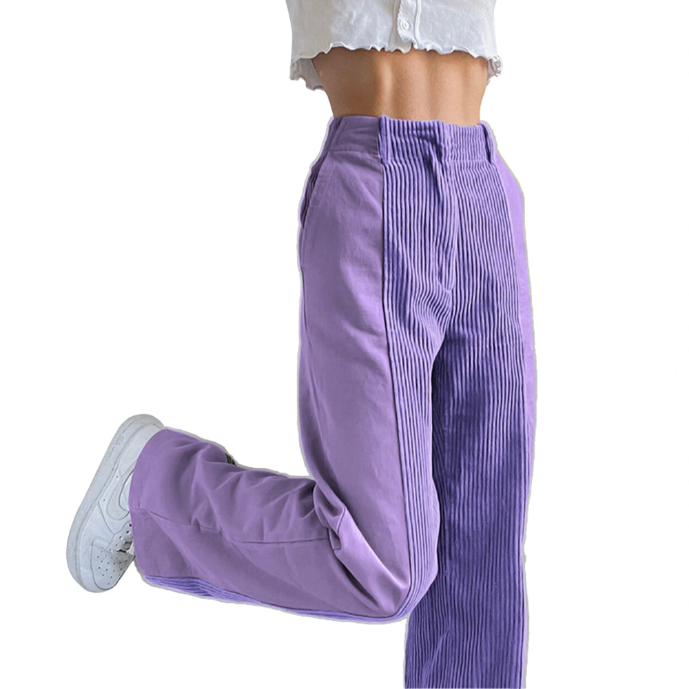 Women Wide Legs Pants Color Contrasting Splicing High Waist Loose Fitting Casual Long Pants Purple XXL