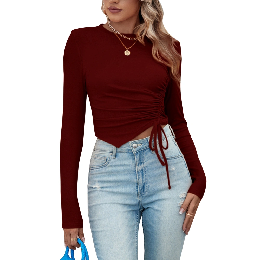 Women Slim Fit Top Round Neck Long Sleeves Side Pleated Drawstring Irregular Hem Plain Pattern Tight Shirt Wine Red S