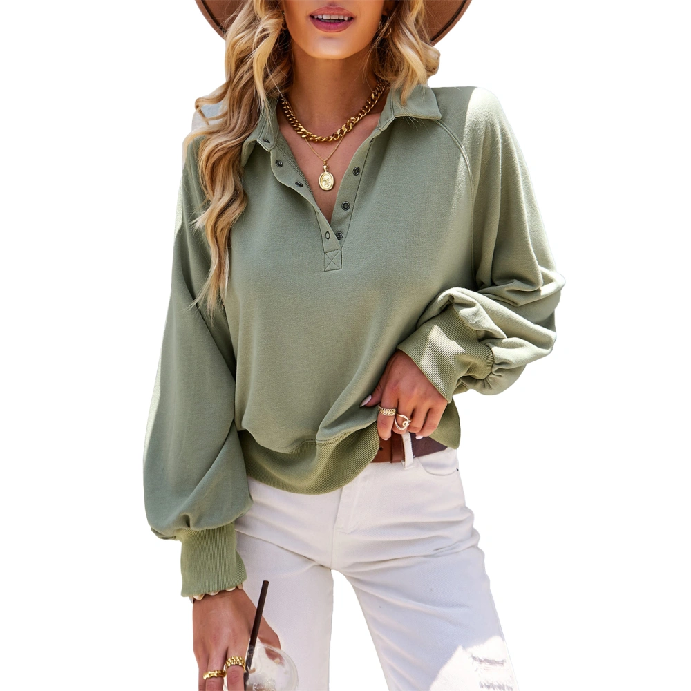 Women Lapel Button Top Long Sleeve Solid Color Hoodless Elastic Hem Polyester Clothing OD Green L