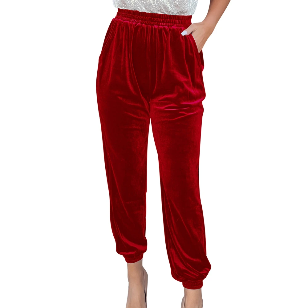 Women Velvet Jogger Pants Gold Velvet Elastic Waist Casual Sportswear Pants with Pockets for Female Red XL