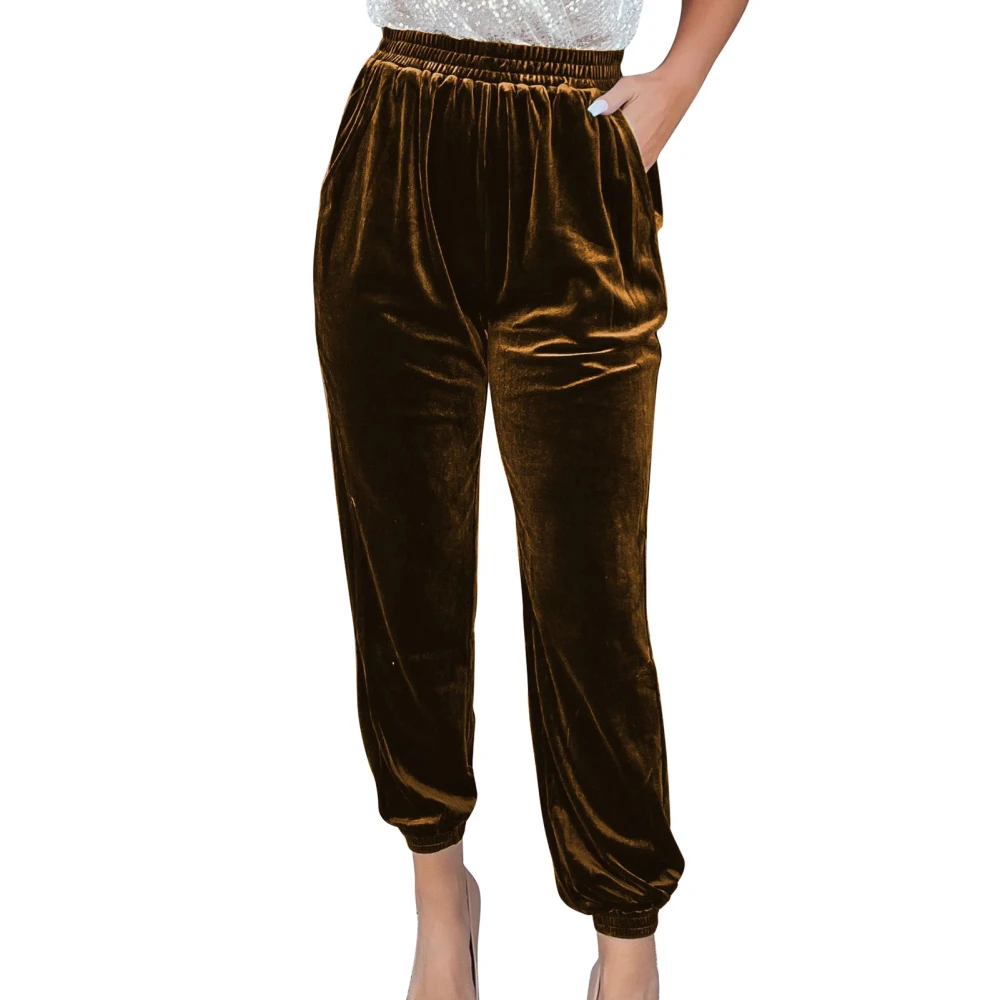 Women Velvet Jogger Pants Gold Velvet Elastic Waist Casual Sportswear Pants with Pockets for Female Coffee L