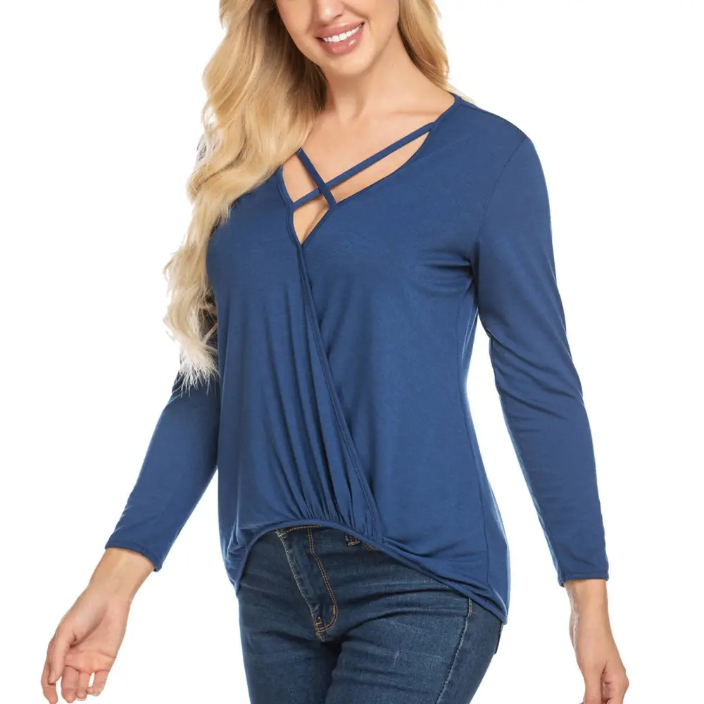 Women Wrap V Neck T Shirt Loose Casual Pure Color Long Sleeve Pleated Tops Blouse for Dating Party Dark Blue M