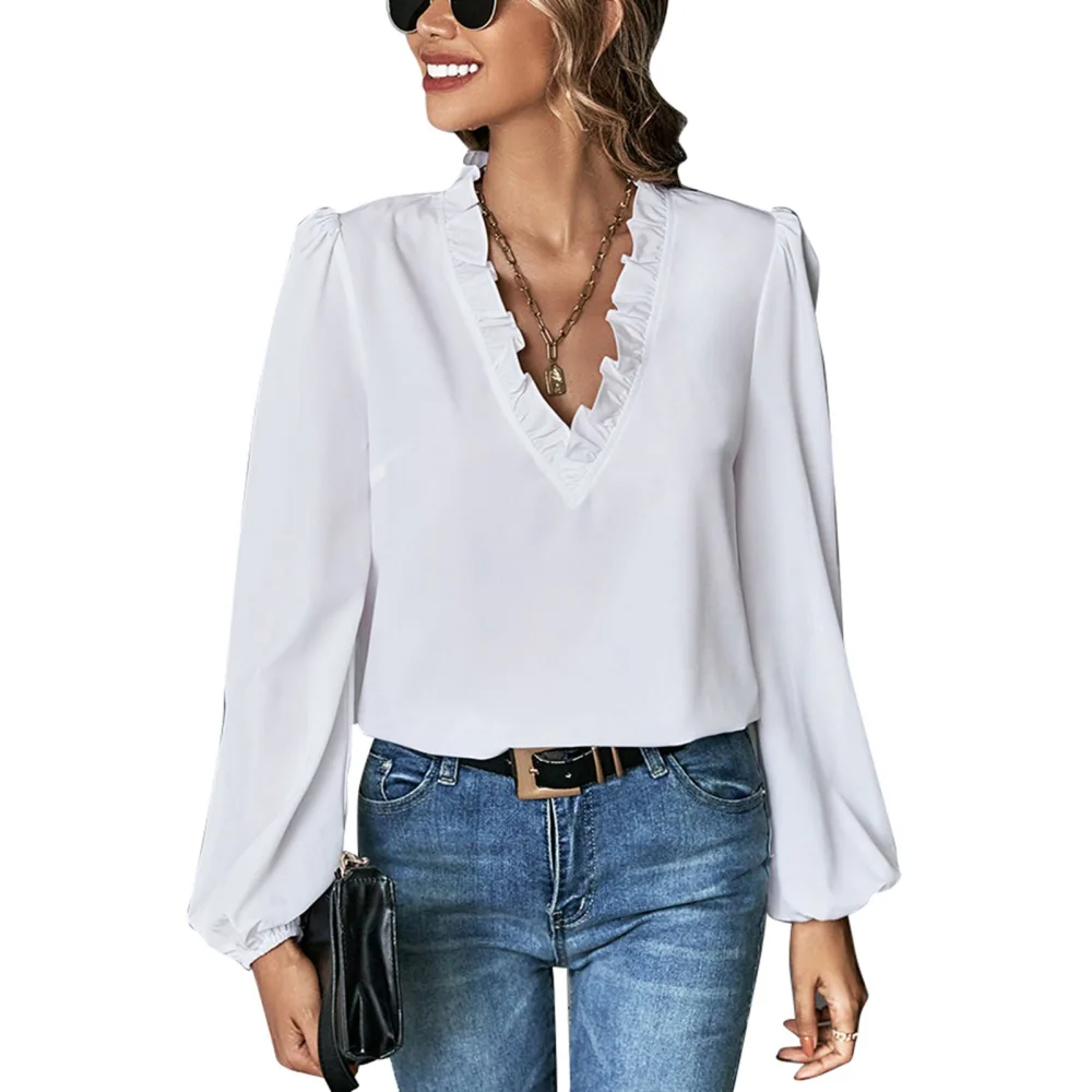 Women Frill Trim V Neck Sweatshirt Loose Puff Sleeve Comfortable Fashionable Ruffle Female Blouse White XL