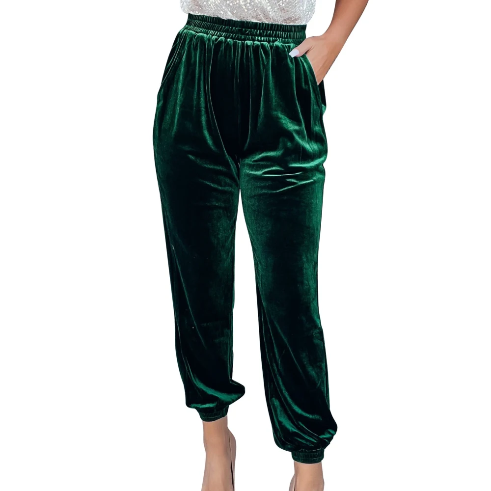 Women Velvet Jogger Pants Gold Velvet Elastic Waist Casual Sportswear Pants with Pockets for Female Green XL