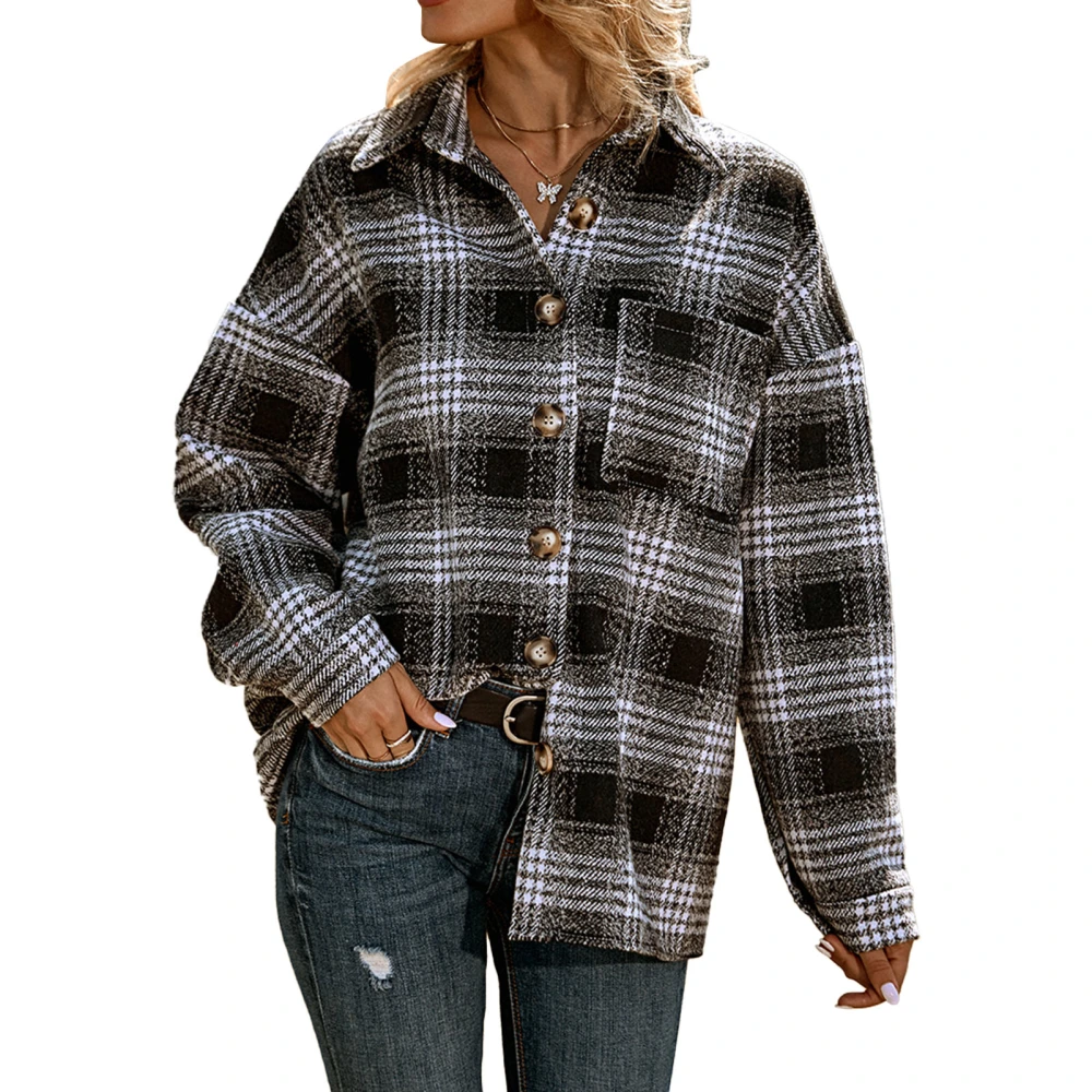 Long Sleeve Plaid Shacket Women Loose Casual Turn Down Collar Button Up Shirt Jacket with Pocket Black XXXL