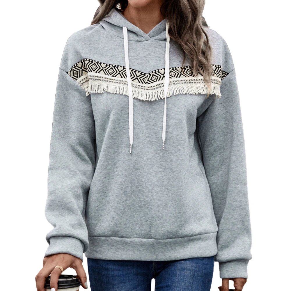 Women Hoodie Lace Splicing Long Sleeve Drawstring Women Hooded Sweatshirt for Daily Work School Grey M