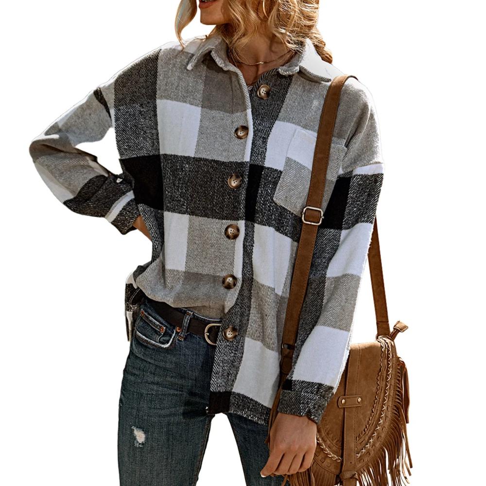 Long Sleeve Plaid Shacket Women Loose Casual Turn Down Collar Button Up Shirt Jacket with Pocket Black and White L