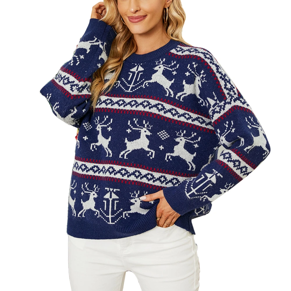 Women Christmas Deer Sweater Soft Fashionable Round Neck Pullover Sweater for Daily Life Dark Blue L