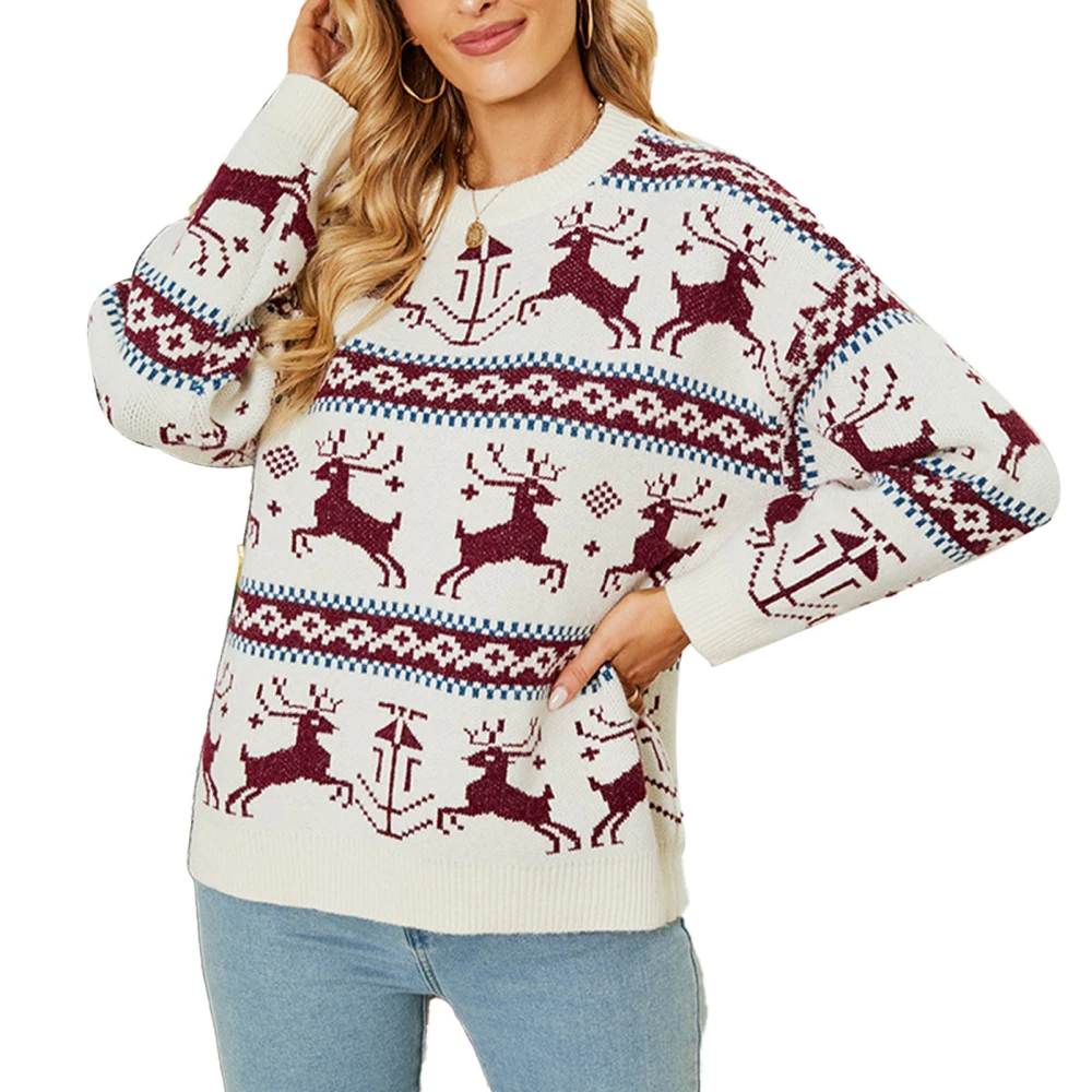 Women Christmas Deer Sweater Soft Fashionable Round Neck Pullover Sweater for Daily Life Beige S