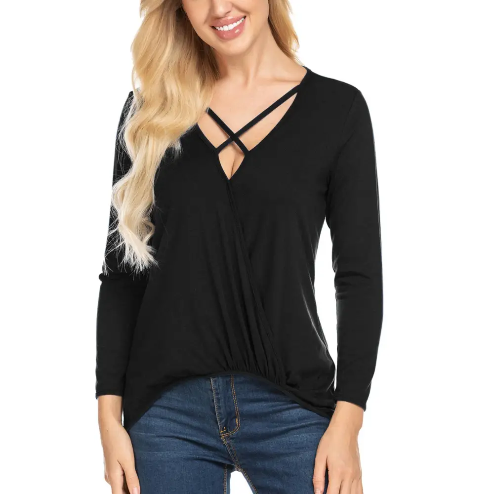 Women Wrap V Neck T Shirt Loose Casual Pure Color Long Sleeve Pleated Tops Blouse for Dating Party Black XL