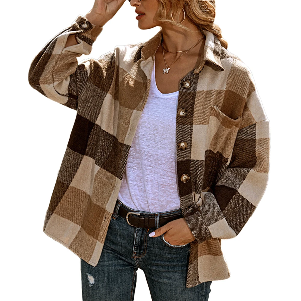 Long Sleeve Plaid Shacket Women Loose Casual Turn Down Collar Button Up Shirt Jacket with Pocket Brown S