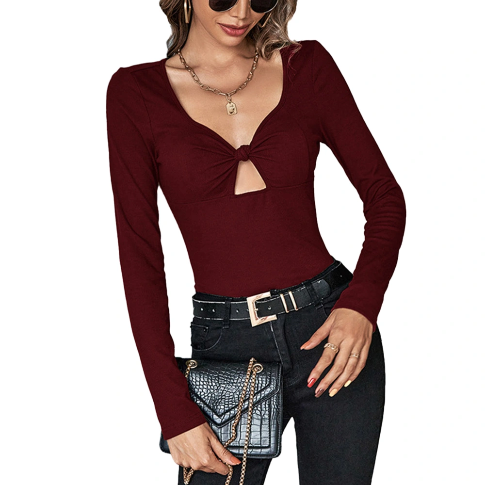 T Shirt Twist Knot Front Long Sleeves Slim Fit V Neck Hollow Front Elegant Plain Women Top Wine Red L