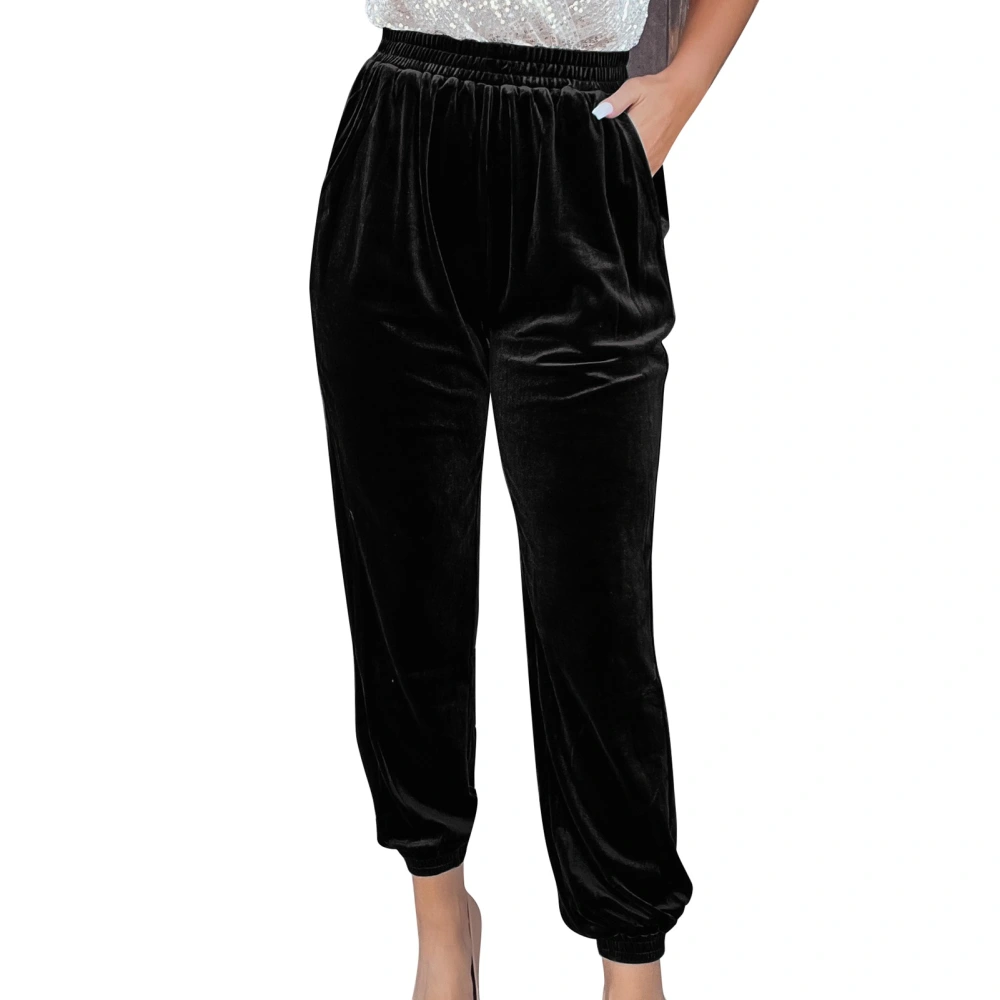 Women Velvet Jogger Pants Gold Velvet Elastic Waist Casual Sportswear Pants with Pockets for Female Black S