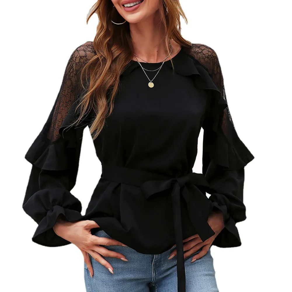 Long Sleeve Blouse Flared Sleeves Lace Ruffle Splicing Shoulder Round Neck Women Top with Waist Tie for Daily Dating Black S