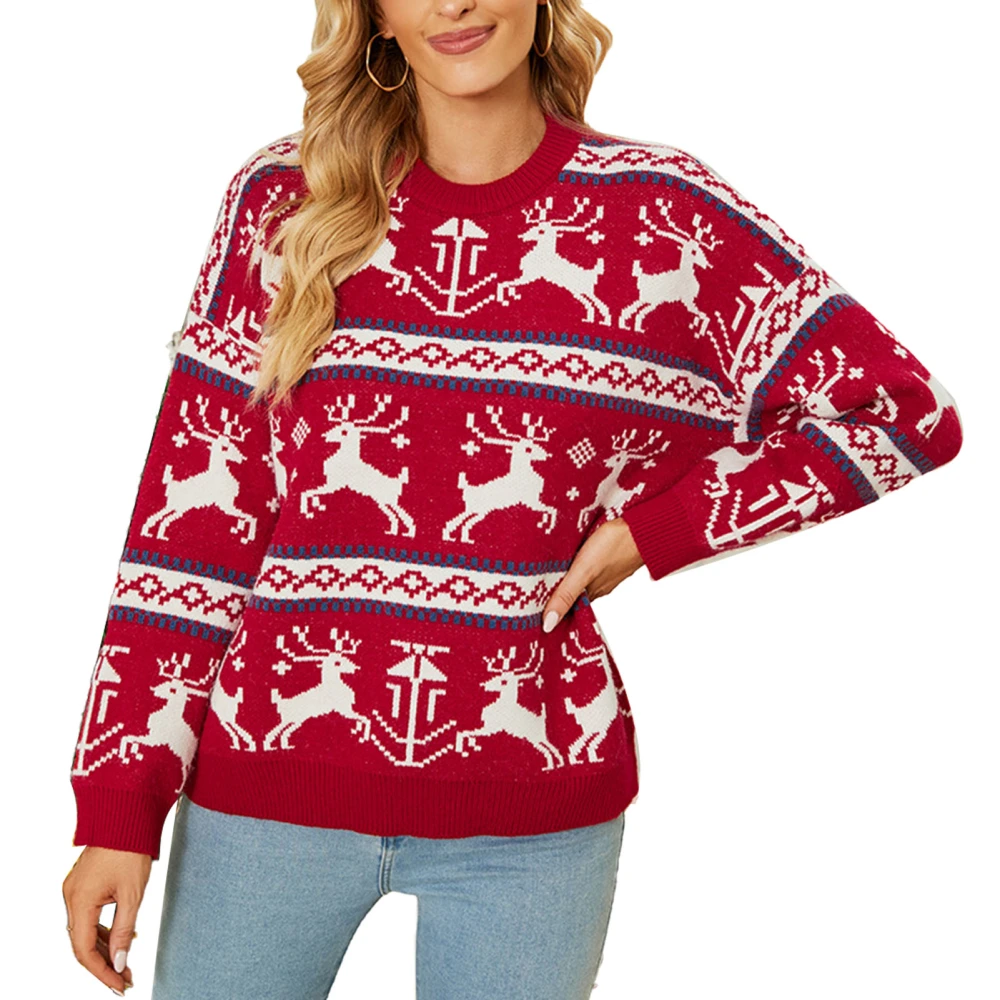 Women Christmas Deer Sweater Soft Fashionable Round Neck Pullover Sweater for Daily Life Red L