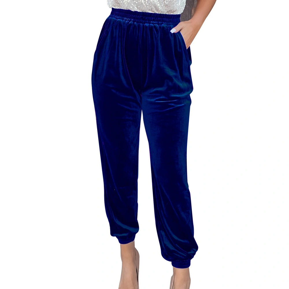 Women Velvet Jogger Pants Gold Velvet Elastic Waist Casual Sportswear Pants with Pockets for Female Blue L