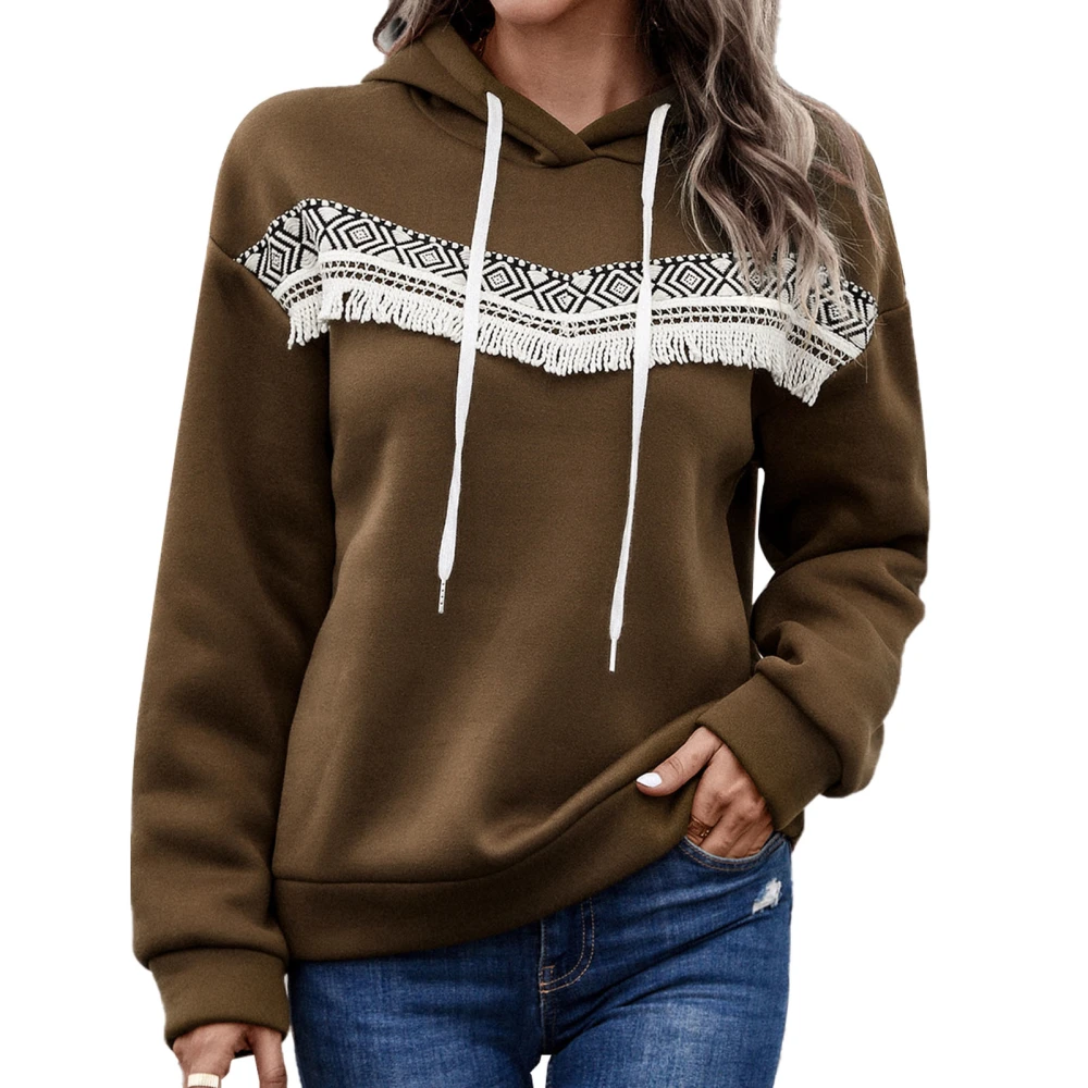 Women Hoodie Lace Splicing Long Sleeve Drawstring Women Hooded Sweatshirt for Daily Work School Brown S