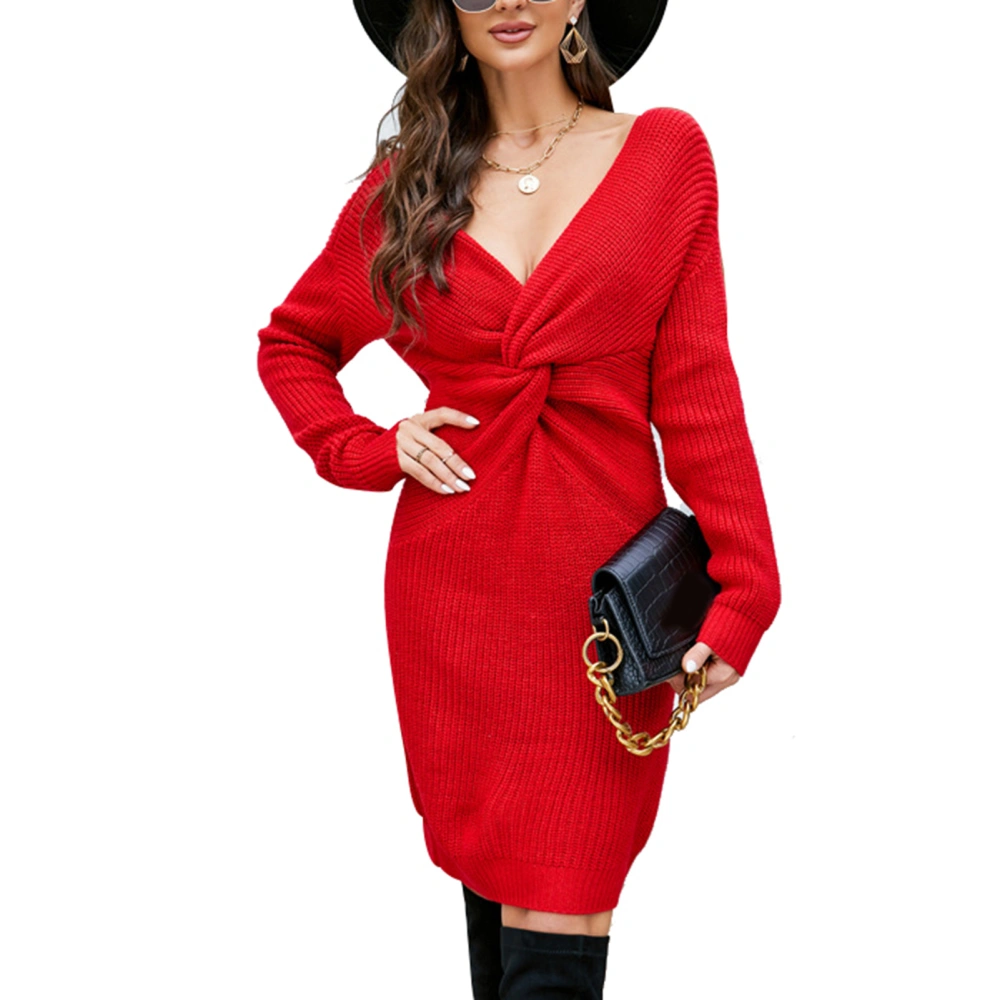 Long Sleeve Bodycon Sweater Dress Pure Color Close Fitting Long Sleeve Twist Knot Dress for Daily Wear Red L