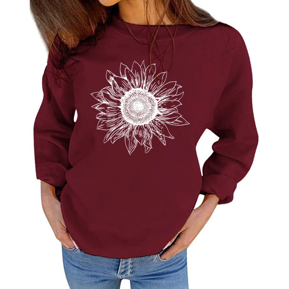 Sunflower Crew Neck Sweatshirt for Women Breathable Comfortable Loose Long Sleeve Sweatshirt for Daily Wine Red XXL