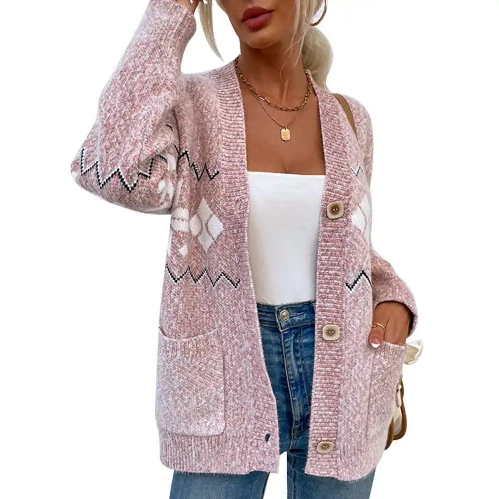 Open Front Sweater Button Up Long Sleeve Loose Fit Women Knit Outerwear with Pockets for Christmas Autumn Winter Pink L