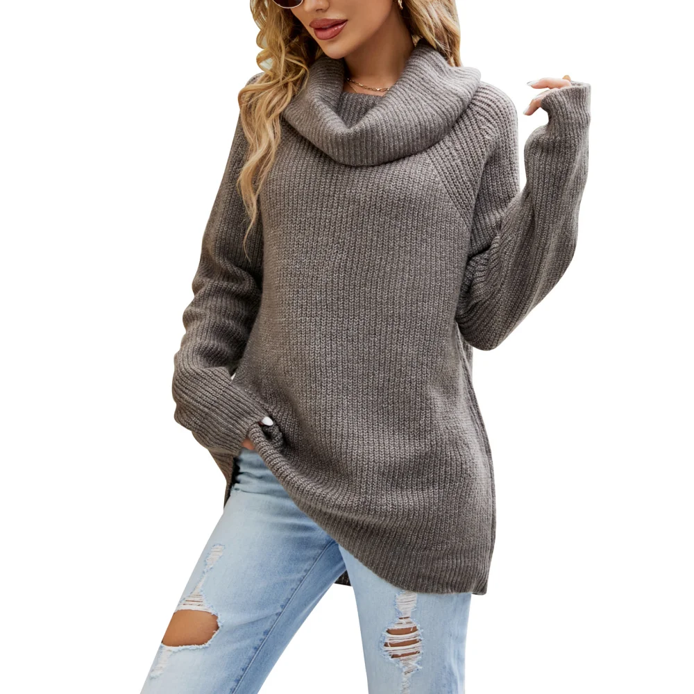 Sweater Loose High Neck Solid Color Long Sleeves Comfortable Breathable Pullover for Fall Winter Grey L