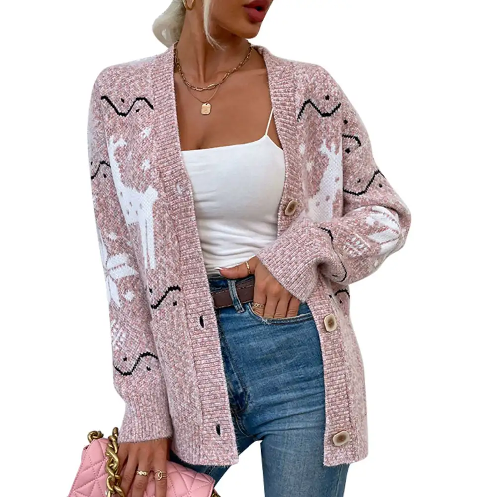 Women Christmas Open Front Sweater Single Breasted Deer Knitted Outwear Sweater for Autumn Winter Pink M