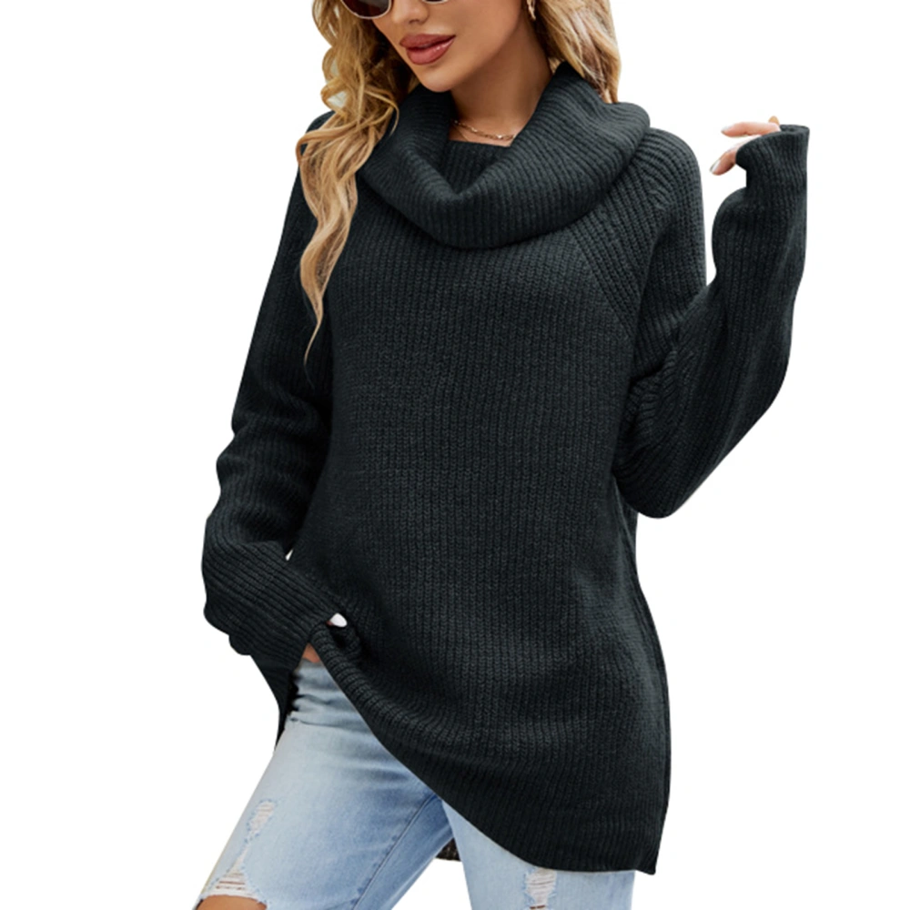 Sweater Loose High Neck Solid Color Long Sleeves Comfortable Breathable Pullover for Fall Winter Black L