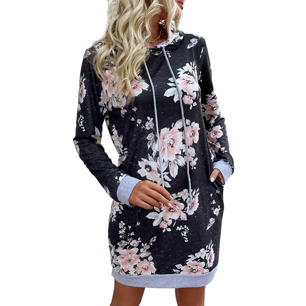 Hoodie Sweatshirt Dress Long Sleeve Stylish Floral Print Casual Hooded Drawstring Pullover Sweatshirt Dress Black S