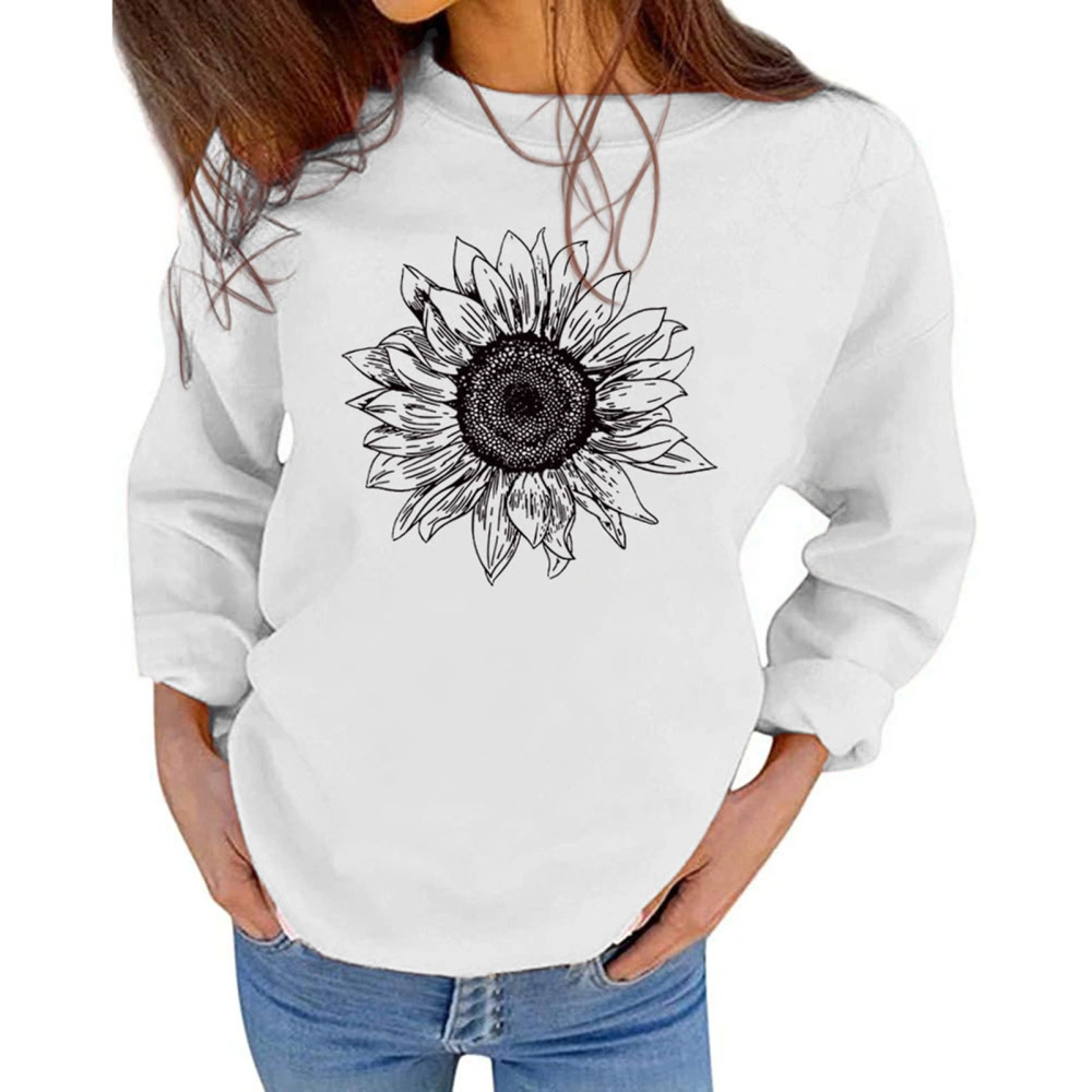 Sunflower Crew Neck Sweatshirt for Women Breathable Comfortable Loose Long Sleeve Sweatshirt for Daily White XXL