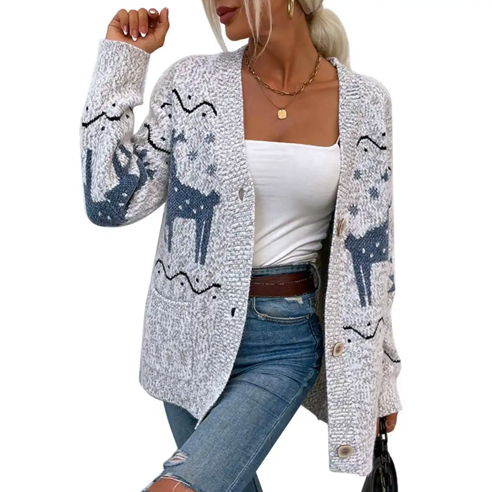 Women Christmas Open Front Sweater Single Breasted Deer Knitted Outwear Sweater for Autumn Winter Light Gray M