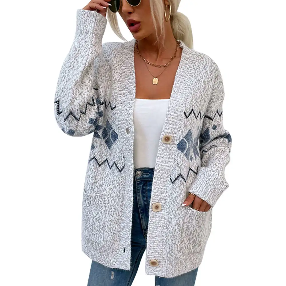 Open Front Sweater Button Up Long Sleeve Loose Fit Women Knit Outerwear with Pockets for Christmas Autumn Winter Light Gray L