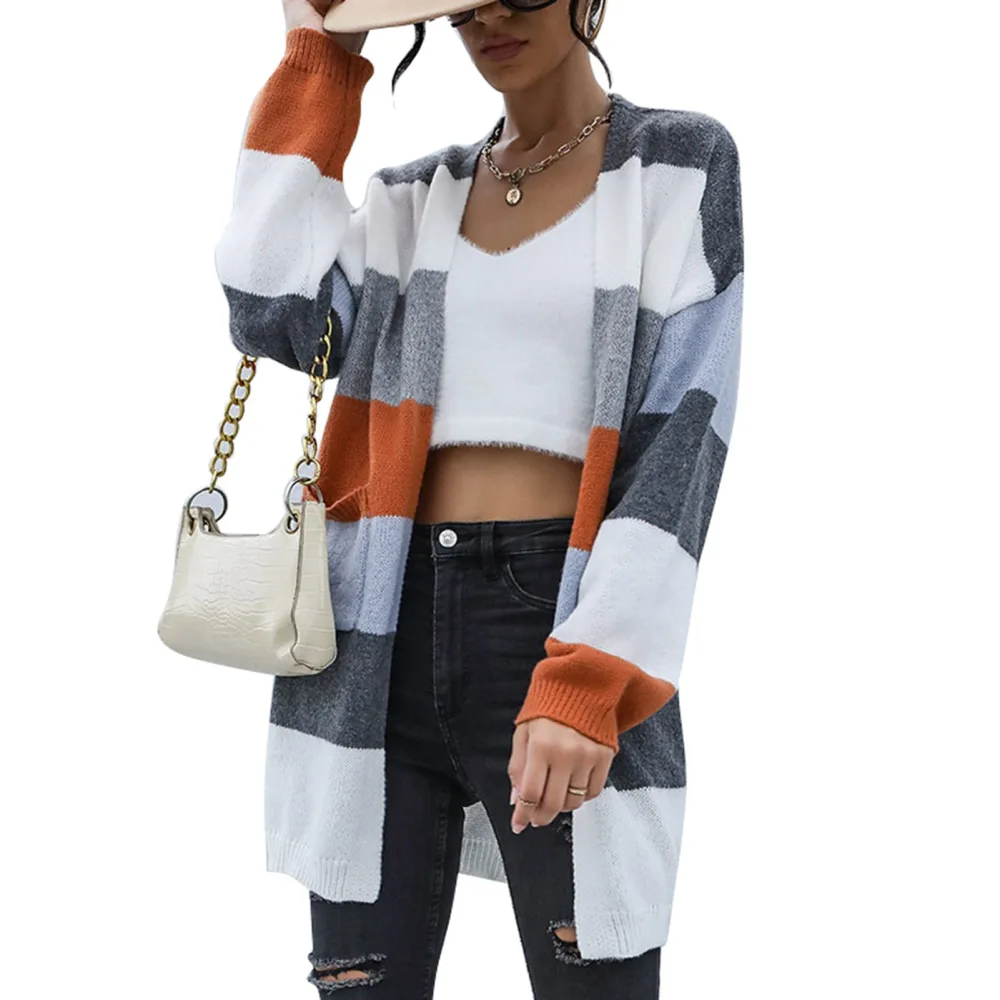 Sweater Coat Stripe Colorblock Long Sleeves Open Front Comfortable Long Knit Sweater Grey S